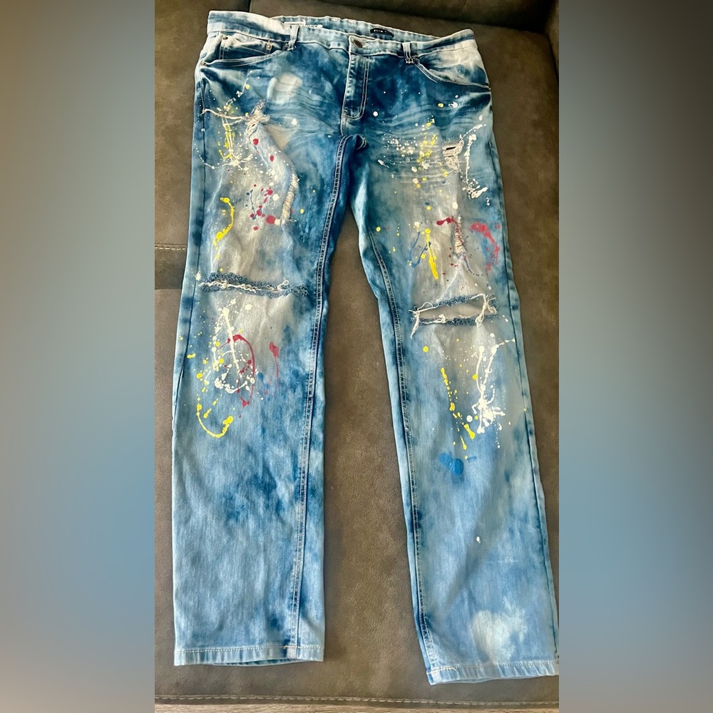 Copper Rivet Blue Distressed Jeans with Paint Splatter and Rips